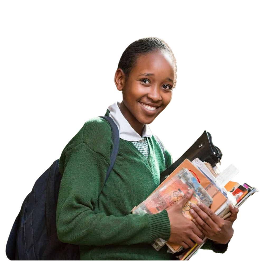 A smiling schoolgirl in uniform carrying her books